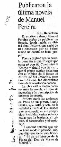 Publicaron la última novela de Manuel Pereira.  [artículo]