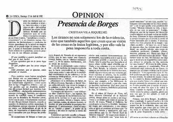 Presencia de Borges  [artículo] Cristina Vila Riquelme.