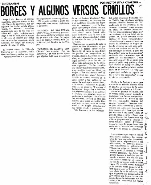 Borges y algunos versos criollos  [artículo] Hector Leiva Oyarzun.