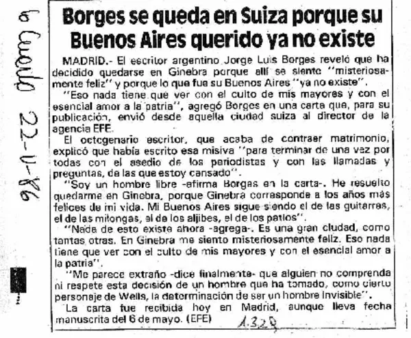 Borges se queda en Suiza porque su Buenos Aires querido ya no existe  [artículo]