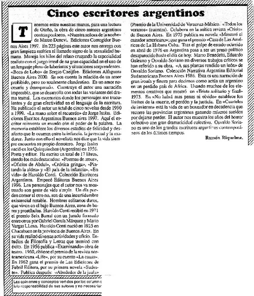 Cinco escritores argentinos  [artículo] Ramón Riquelme.
