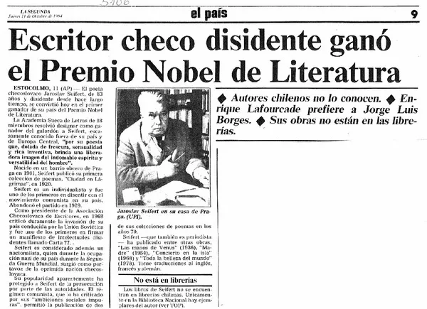 Escritor checo disidente ganó el Premio Nobel de Literatura.  [artículo]