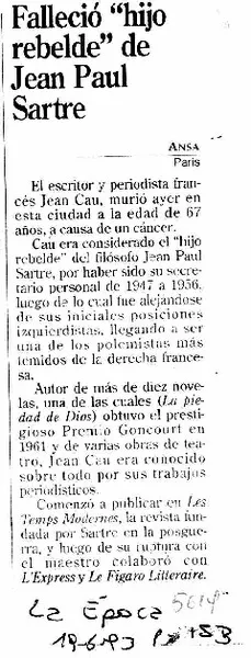 Falleció "hijo rebelde" de Jean Paul Sartre.  [artículo]