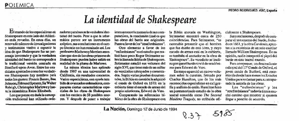 La identidad de Shakespeare  [artículo] Pedro Rodríguez.