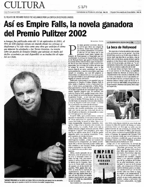 Así es Empire Falls, la novela ganadora del Premio Pulitzer 2002  [artículo] Marcelo Soto.