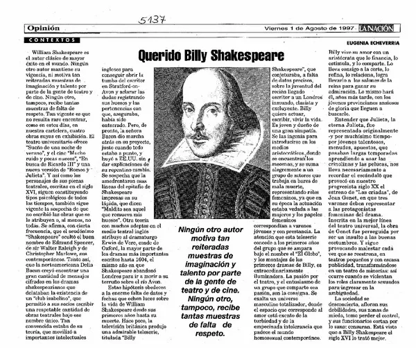Querido Billy Shakespeare  [artículo] Eugenia Echeverría.