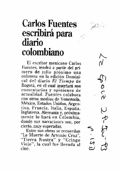 Carlos Fuentes escribirá para diario colombiano.  [artículo]