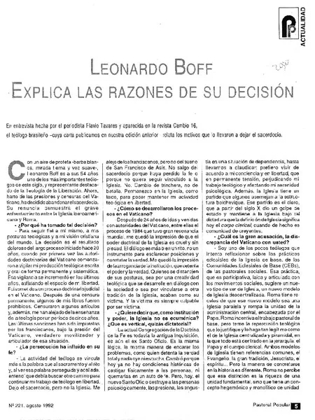 Leonardo Boff explica las razones de su desición.  [artículo]