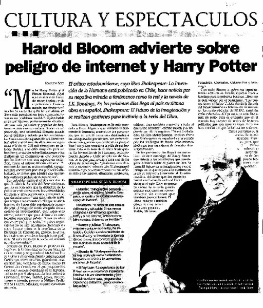 Harold Bloom advierte sobre peligro de internet y Harry Potter  [artículo] Marcelo Soto.