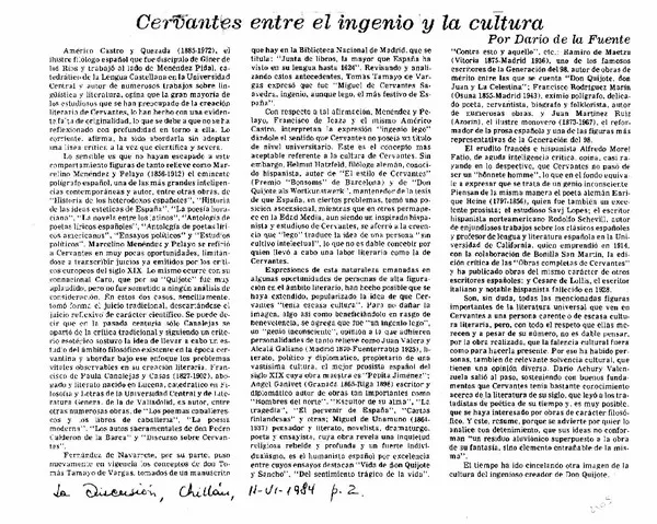 Cervantes entre el ingenio y la cultura  [artículo] Darío de la Fuente.
