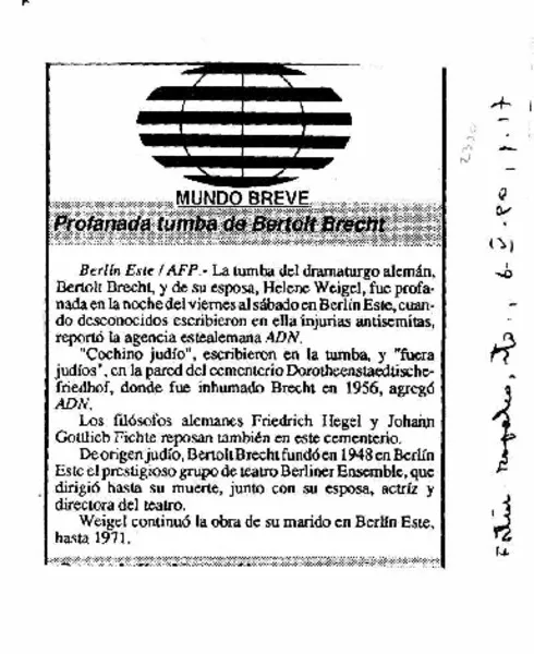 Profanada tumba de Bertolt Brecht.  [artículo]