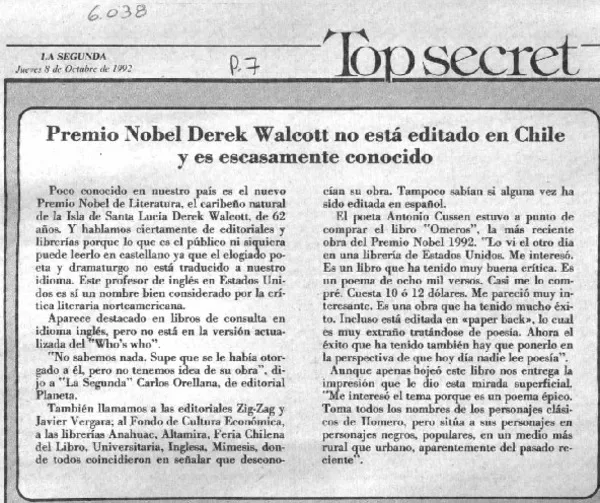 Premio Nobel Dereck Walcott no está editado en Chile y es escasamente conocido.  [artículo]