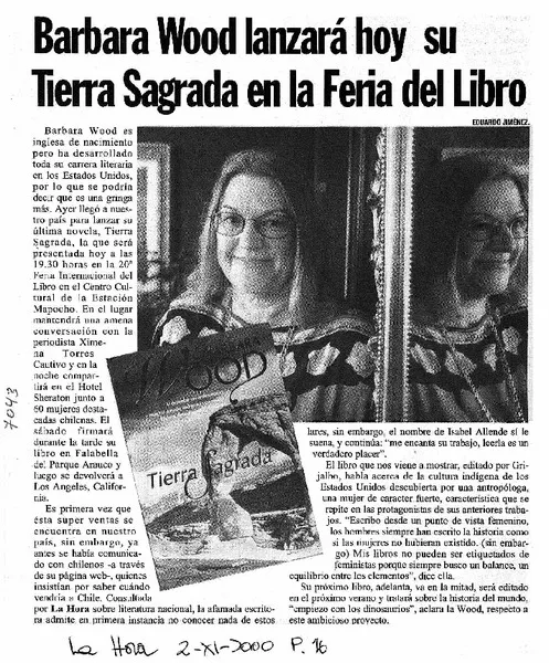 Bárbara Wood lanzará hoy su Tierra Sagrada en la Fería del Libro.  [artículo]