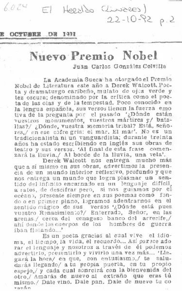 Nuevo Premio Nobel  [artículo] Juan Carlos González Colville.