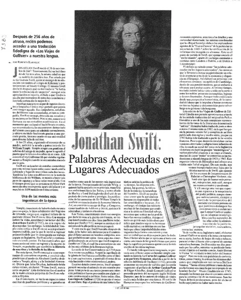 Jonathan Swift: Palabras adecuadas en luegares adecuados  [artículo] Roberto Karmelic.