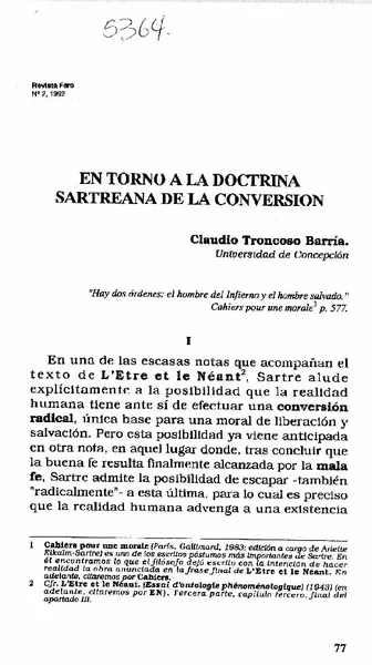 En torno a la doctrina Sartreana de la conversion  [artículo] Claudio Troncoso Barría.