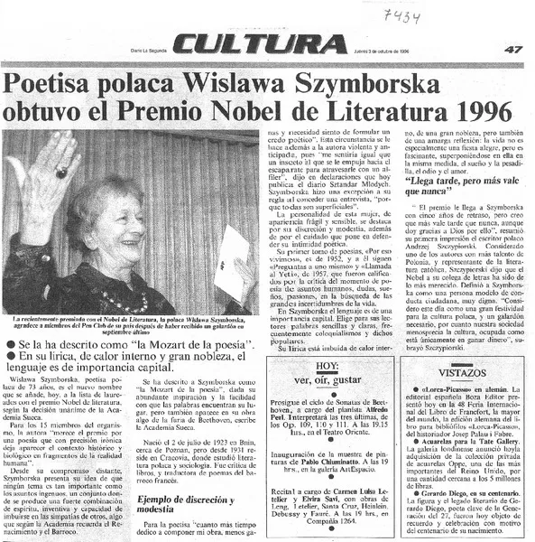 Poetisa polaca Wislawa Szymborska obtuvo el Premio Nobel de Literatura 1996.  [artículo]