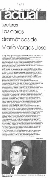 Las obras dramáticas de Mario Vargas Llosa  [artículo] Dieter Oelker.