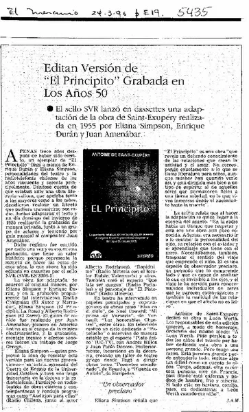 Editan versión de "El Principito" grabada en los años 50  [artículo] J.A.M.