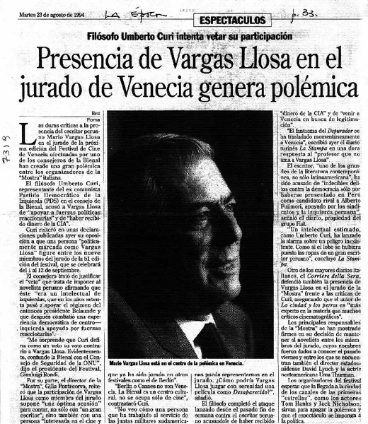 Presencia de Vargas Llosa en el jurado de Venecia genera polémica.  [artículo]