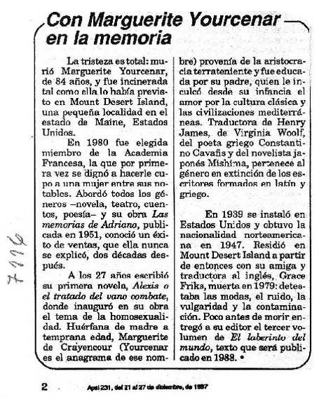 Con Marguerite Yourcenar en la memoria.  [artículo]