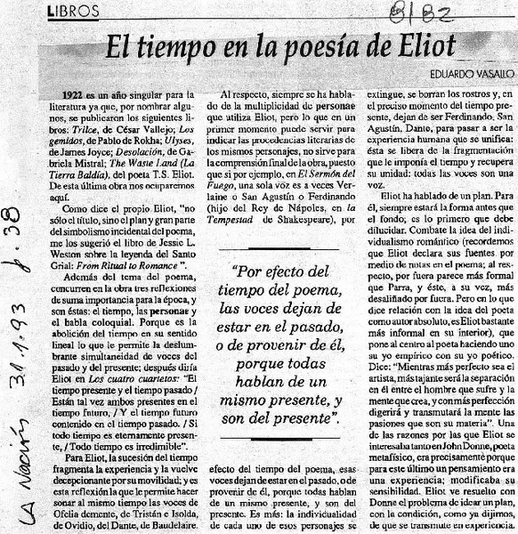 El tiempo en la poesía de Eliot  [artículo] Eduardo Vasallo.