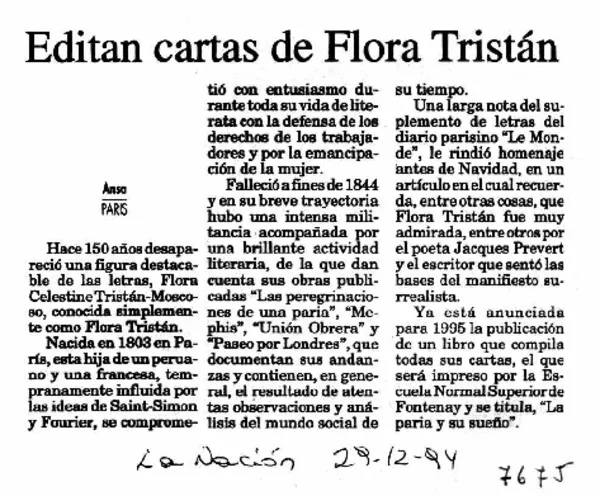 Editan cartas de Flora Tristán.  [artículo]