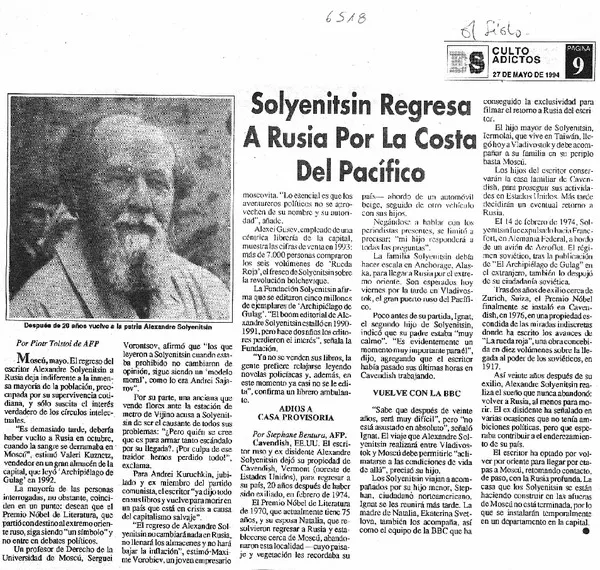 Solyenitsin regresa a Rusia por la Costa del Pacífico  [artículo] Piotr Tolstoi.