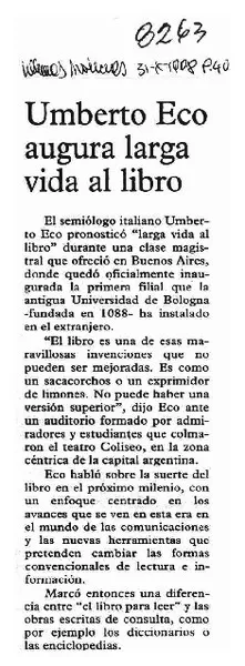 Umberto Eco augura larga vida al libro.  [artículo]