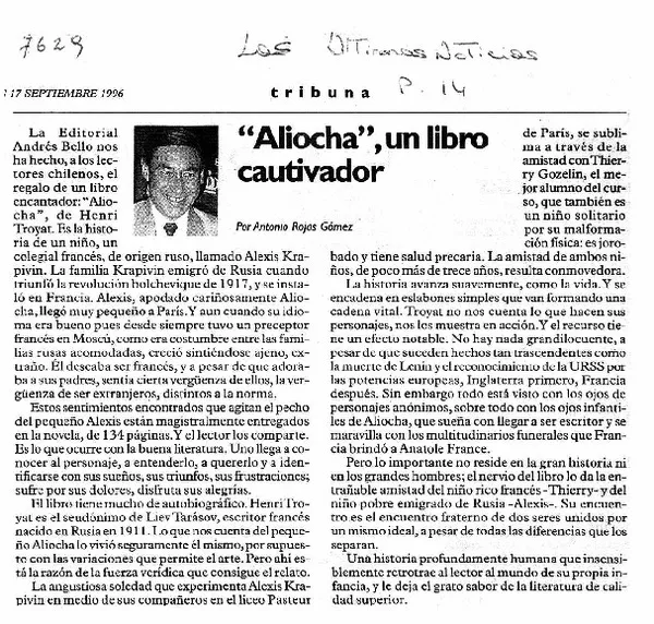 Aliocha", un libro cautivador  [artículo] Antonio Rojas Gómez.