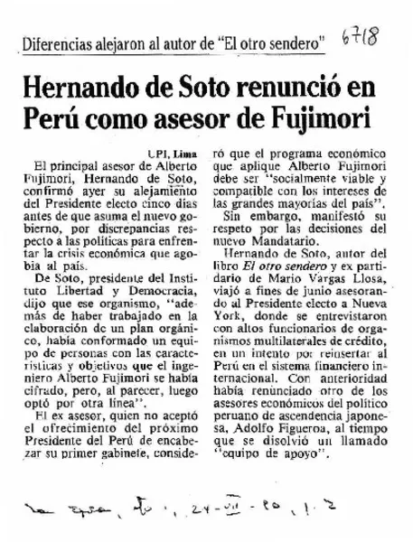 Hernando de Soto renunció en Perú como asesor de Fujimori  [artículo]