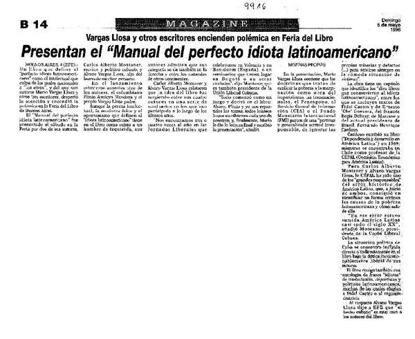 Presentan el "Manual del perfecto idiota latinoamericano" Vargas Llosa y otros escritores encienden polémica en Feria del Libro [artículo] :
