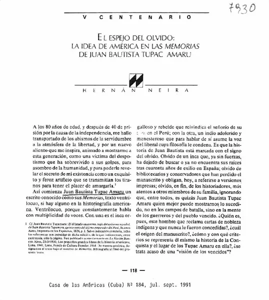 El Espejo del olvido : La idea de América en las memorias de Juan Bautista Tupac Amaru  [artículo] Hernán Neira.