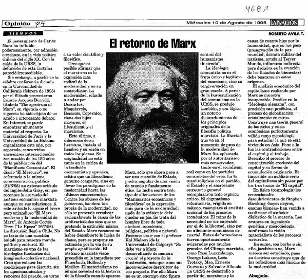 El retorno de Marx  [artículo] Roberto Avila T.