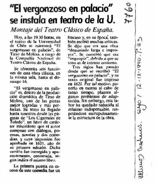 El vergonzoso en palacio" se instala en teatro de la U.  [artículo]
