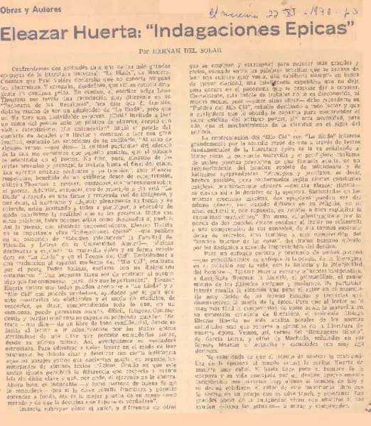 Eleazar Huerta: "Indagaciones epicas"  [artículo] Hernán del Solar.