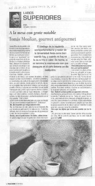 Tomás Moulian, gourmet antigourmet [entrevista] [artículo] César Fredes.