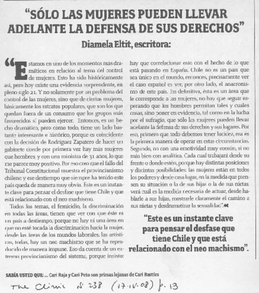 "Sólo las mujeres pueden llevar adelante la defensa de sus derechos" (entrevista)  [artículo].