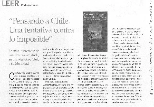 Pensando a Chile, una tentativa contra lo imposible  [artículo] Rodrigo Pinto.