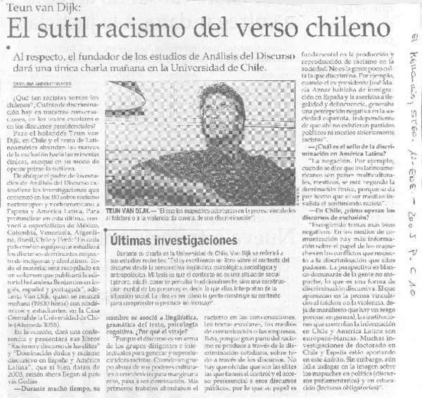 El sutil racismo del verso chileno [entrevista] [artículo] Carolina Andonie Dracos.