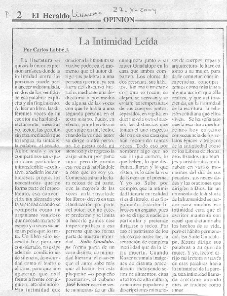 La Intimidad leída  [artículo] Carlos Labbe J.