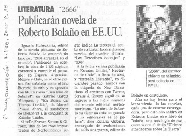 Publicarán novela de Roberto Bolaño en EE.UU.  [artículo]
