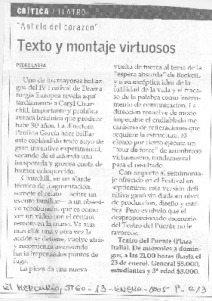 Texto y montaje vistuosos  [artículo] Pedro Labra.