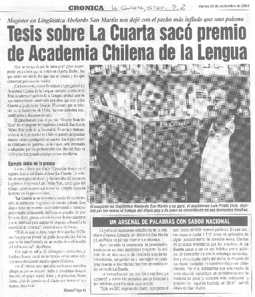 Tesis sobre La Cuarta sacó premio de Academia Chilena de la lengua  [artículo] Manuel Vega O.