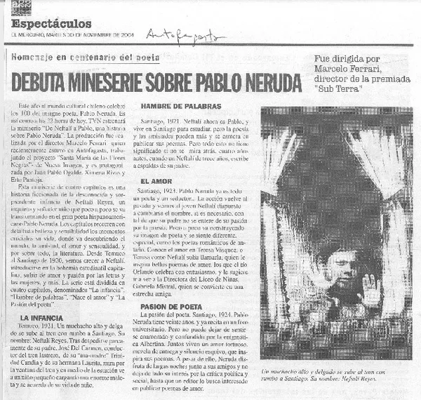 Debuta miniserie sobre Pablo Neruda  [artículo]