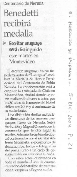 Benedetti recibirá medalla  [artículo]