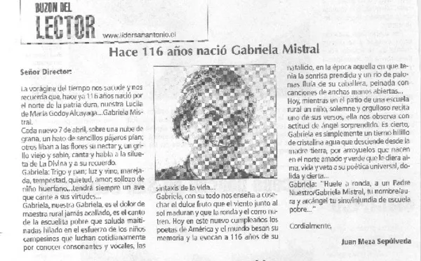hace 116 años nació Gabriela Mistral  [artículo] Juan Meza Sepúlveda