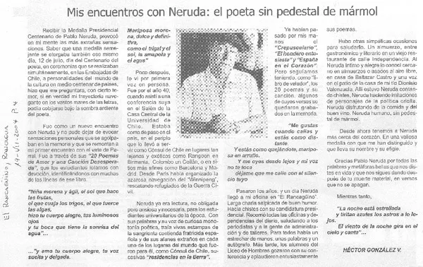 Mis encuentros con Neruda: el poeta sin pedestal de mármol  [artículo] Héctor González V.