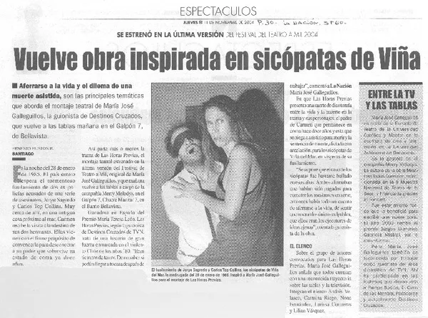 Vuelve obra inspirada en sicópatas de Viña  [artículo] Ernesto Bustos B.