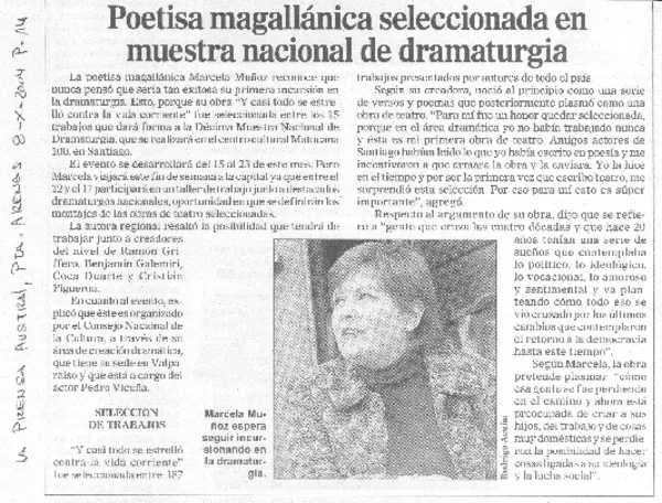 Poetisa magallánica seleccionada en muestra nacional de dramaturgia  [artículo]